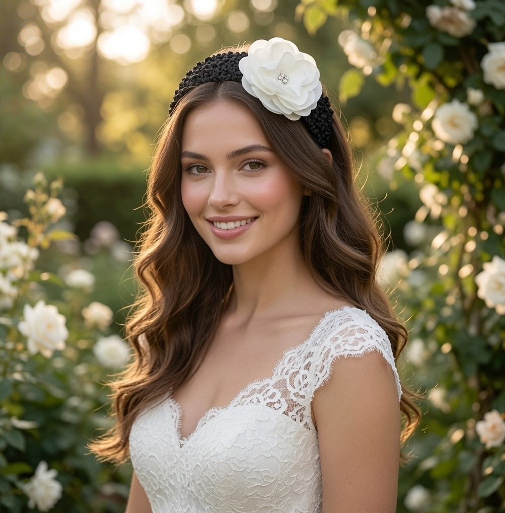 Bridal Ivory Lace Flower Hair Band Chiffon Rose Rhinestone French Netting NWOT